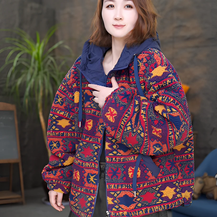 棉衣女保暖防风民族风INS风连帽短外套加厚豹纹印花外套