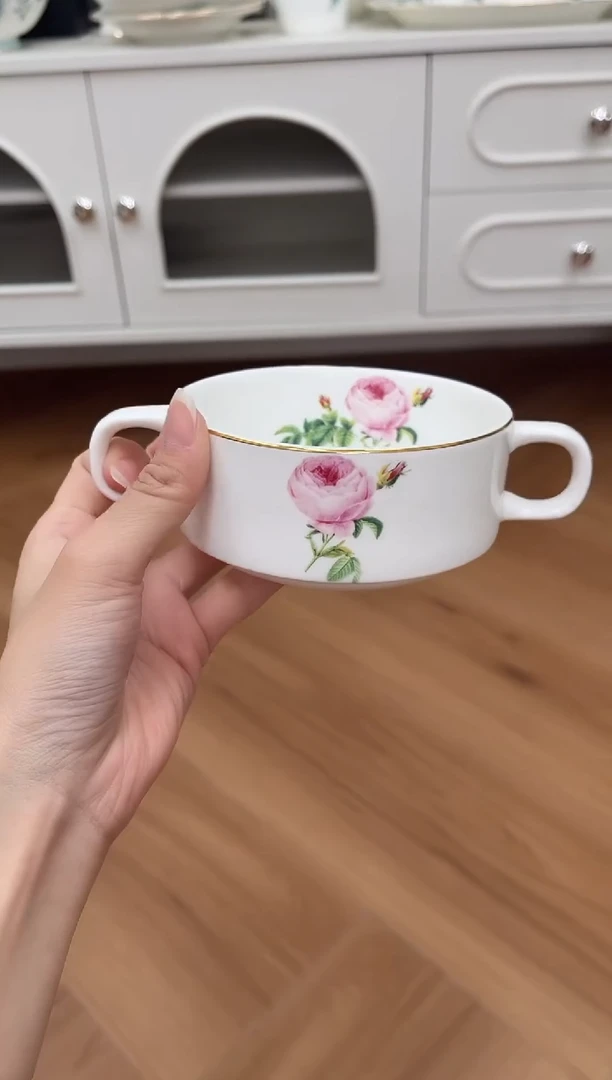 杯玫瑰高骨骨瓷微瑕双耳碗不退换