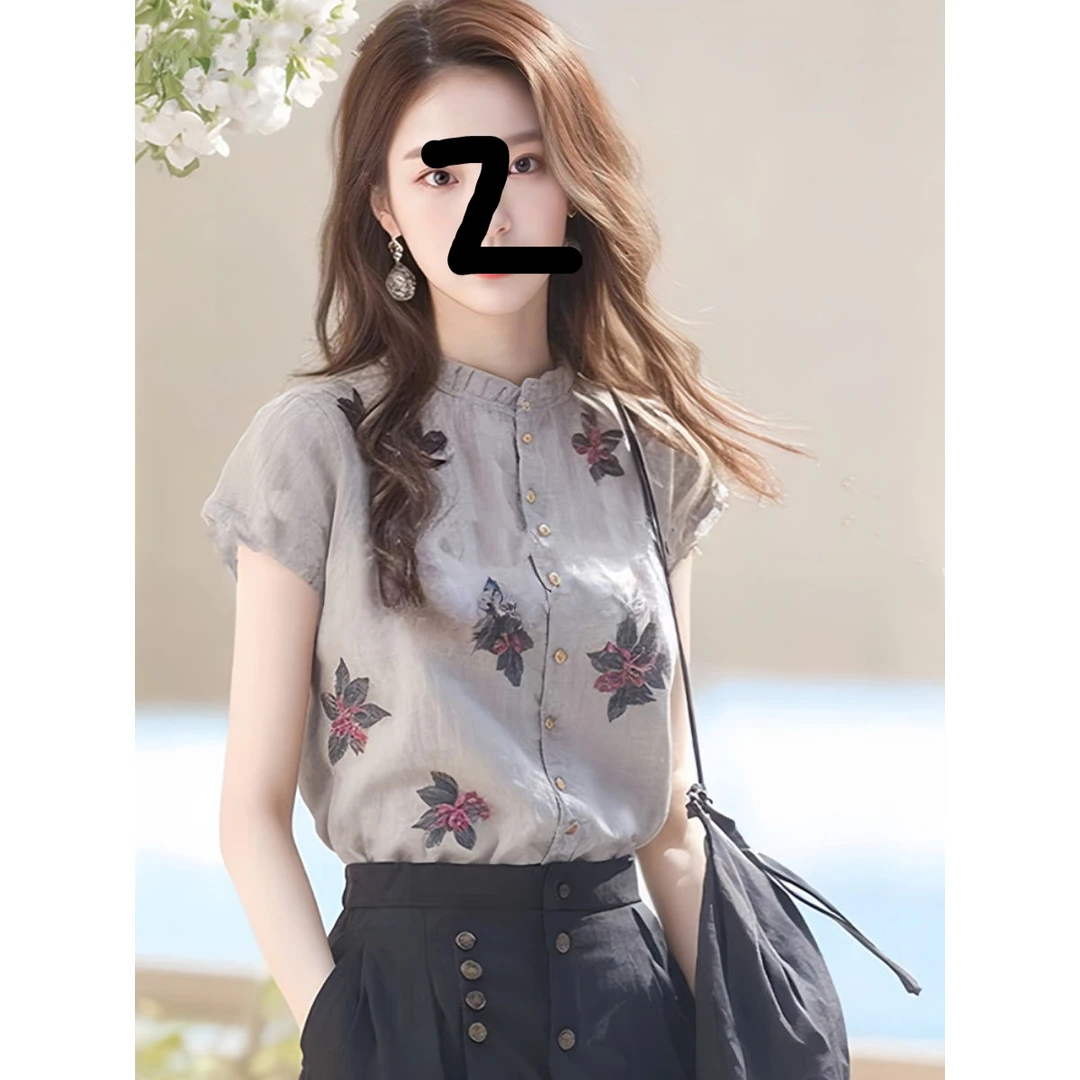 别致立领洋气短袖衬衫2025中国风新款夏季印花设计感小众独特上衣