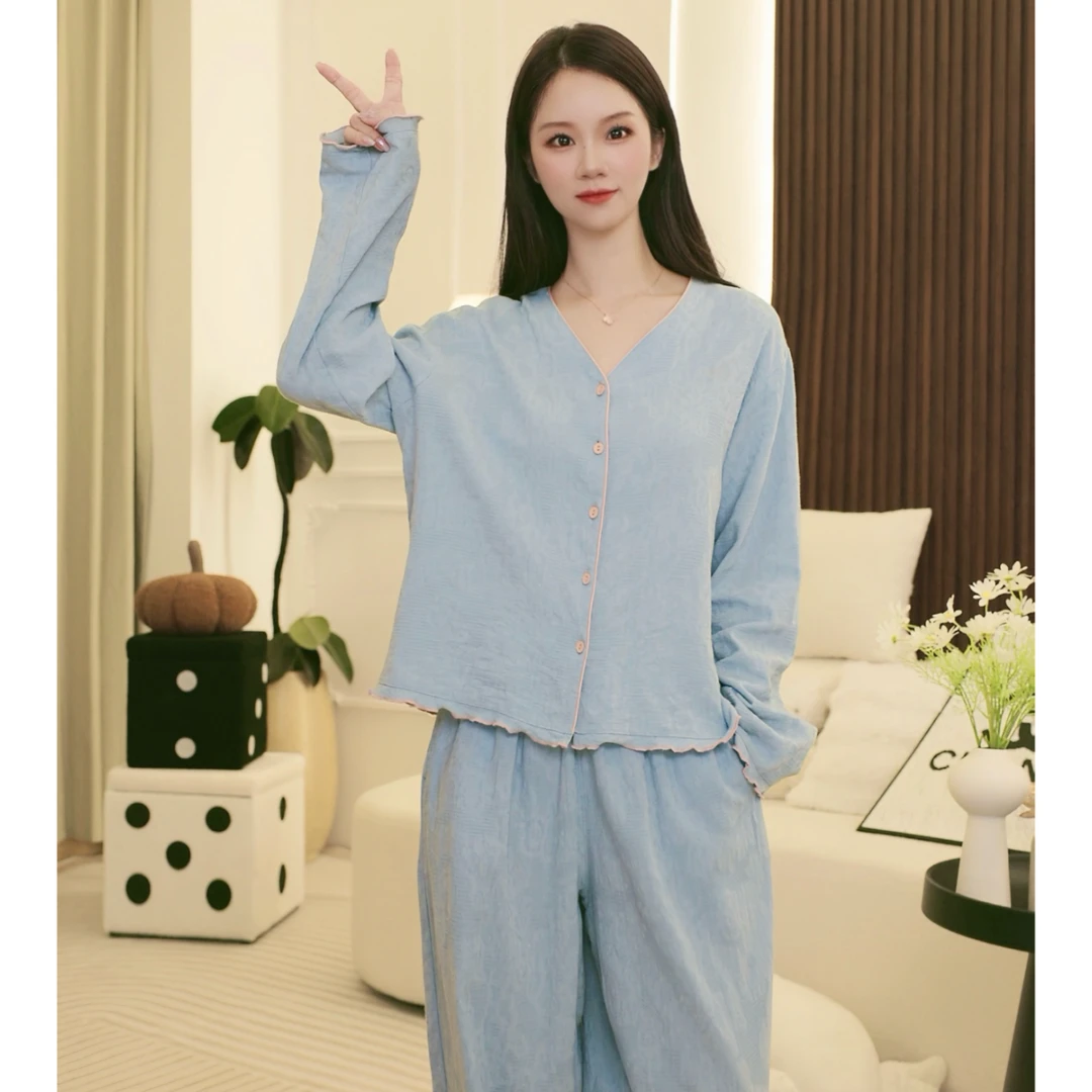 【荷叶边提花】2025新款睡衣女春秋季长袖简约家居服套装休闲显瘦