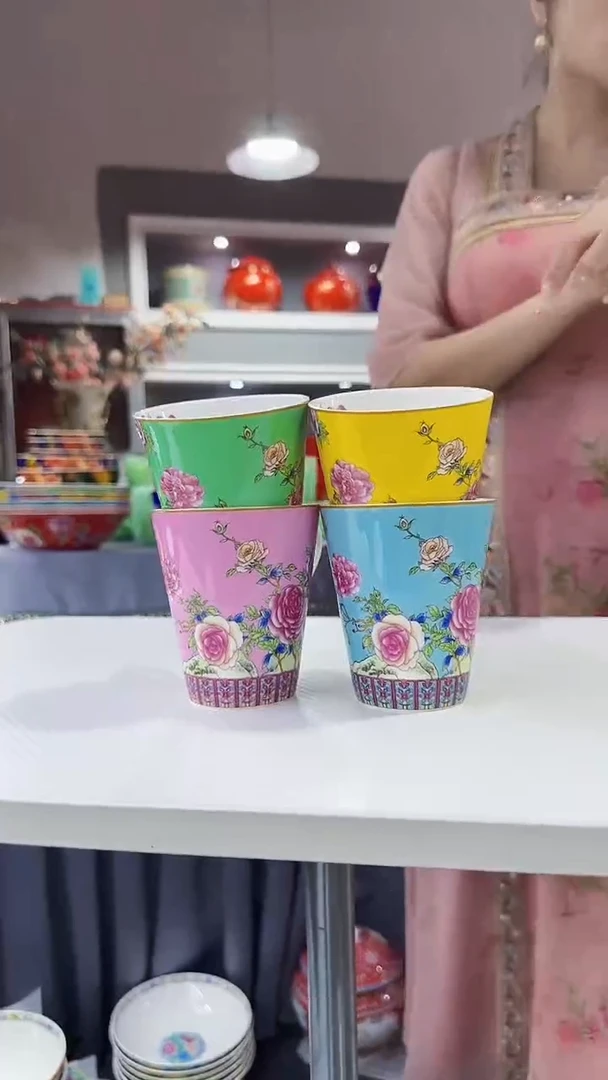 瓷片牡丹花卉杯子4只装景德镇陶瓷