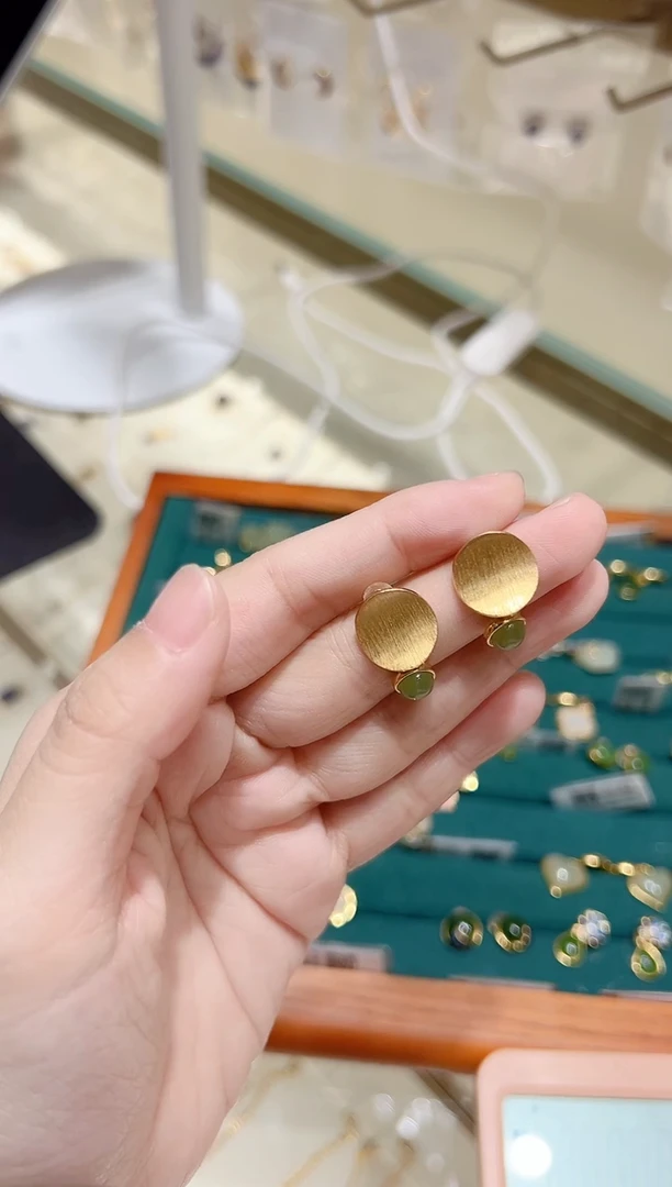 银S925镀金镶嵌和田玉耳饰@@
