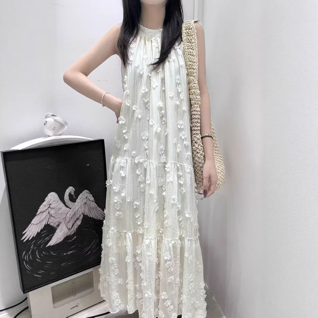 夏季高级感法式吊带纯色甜美连衣裙挂脖领套头印花  A32
