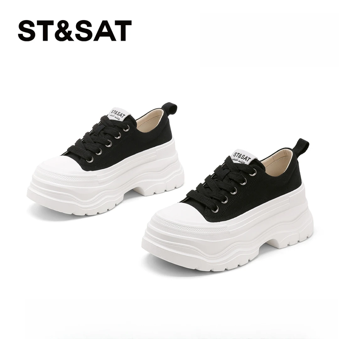 星期六真皮厚底松糕小白鞋女2025冬季白色帆布鞋爆款增高老爹板鞋