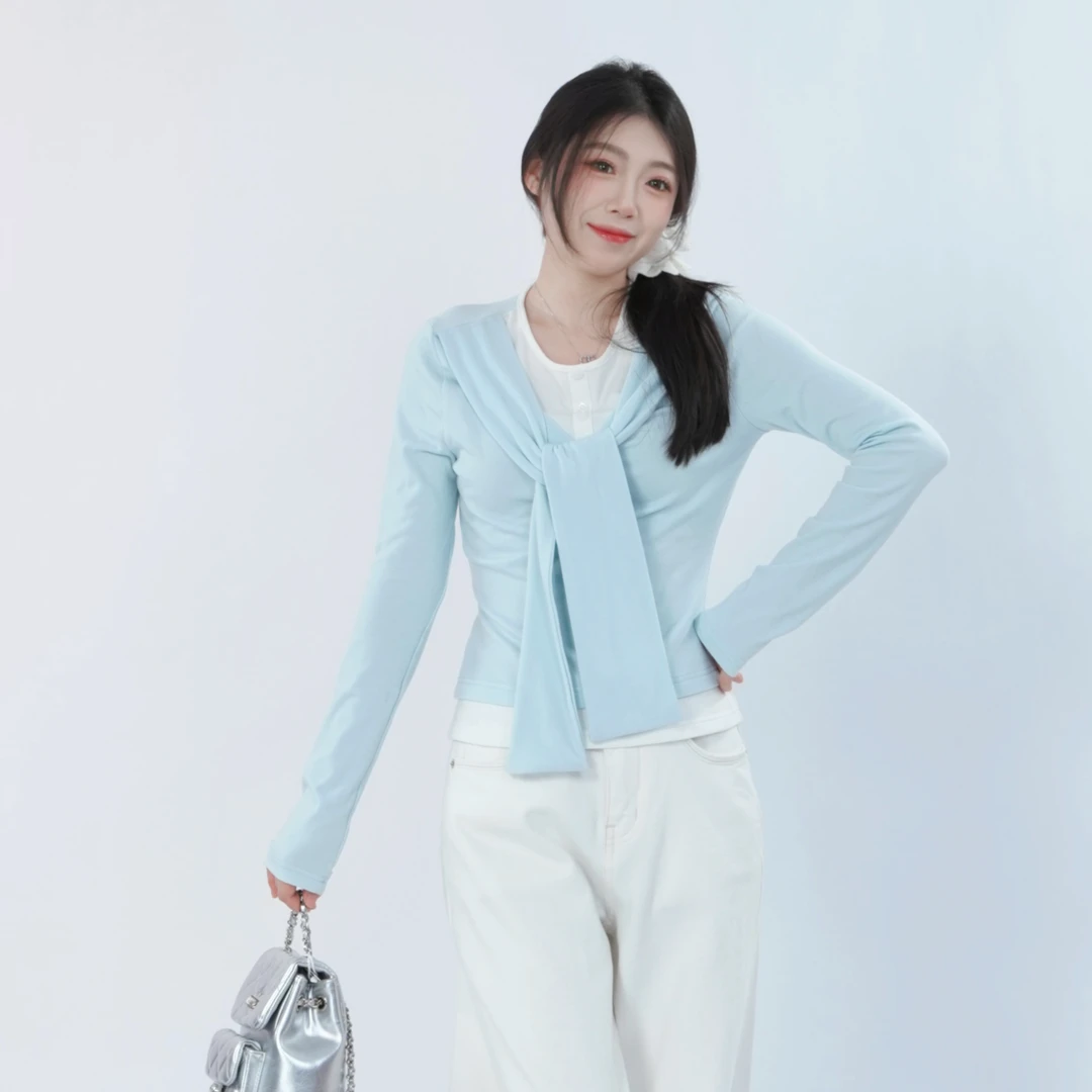 三福 春季长袖时尚时尚百搭薄款休闲修身T恤 500676