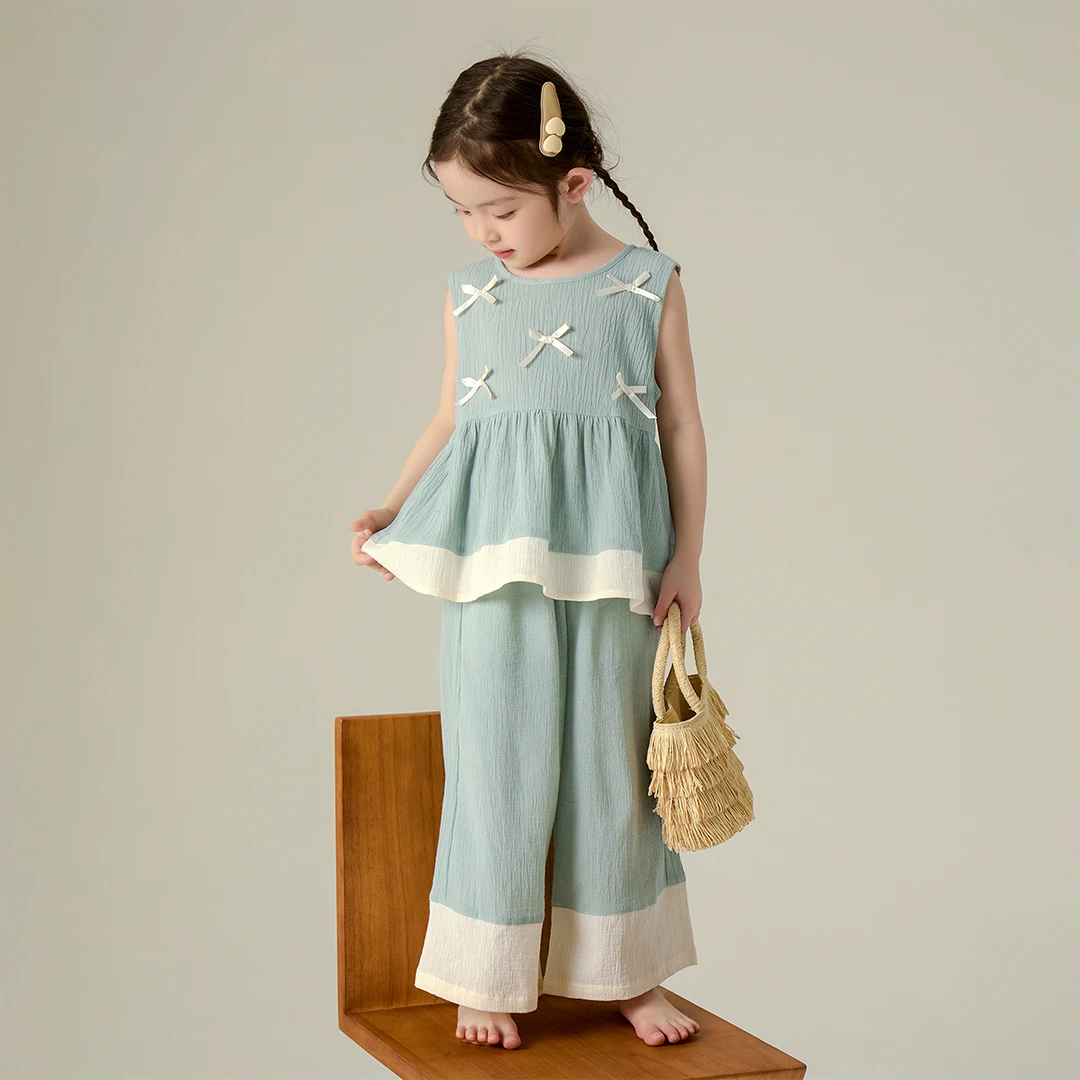 现货【漫茶】100棉3783女童夏季时尚宽松小清新无袖九分裤两件套装