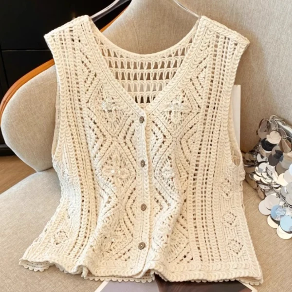 镂空勾花v领针织背心女2025夏款新款设计感亮片马夹镂空上衣女夏