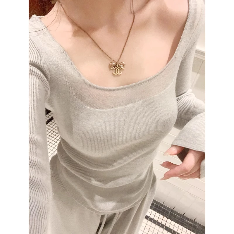 方领毛衣打底衫女2025早秋季新款内搭修身高级感套头针织长袖上衣