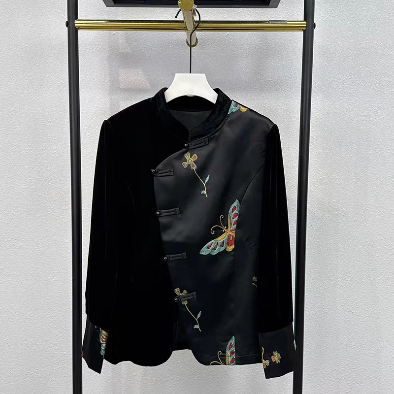 新中式时尚拼接缎面丝绒刺绣旗袍上衣
