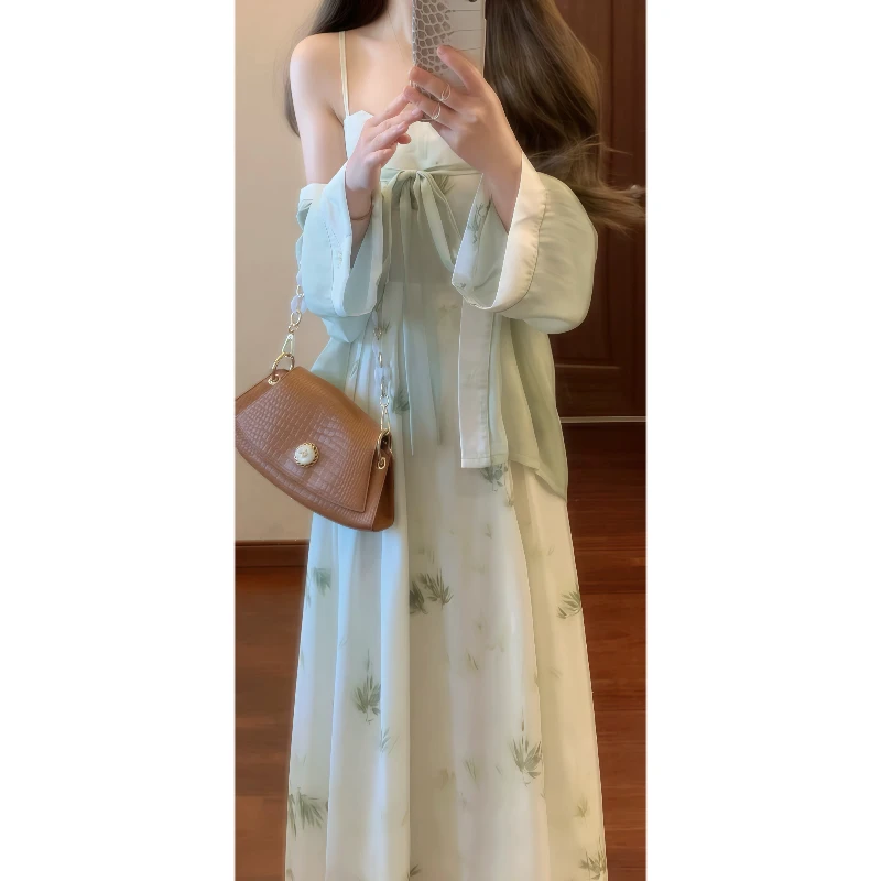 新中式复古汉元素改良汉服吊带连衣裙防晒空调开衫古风套装9130