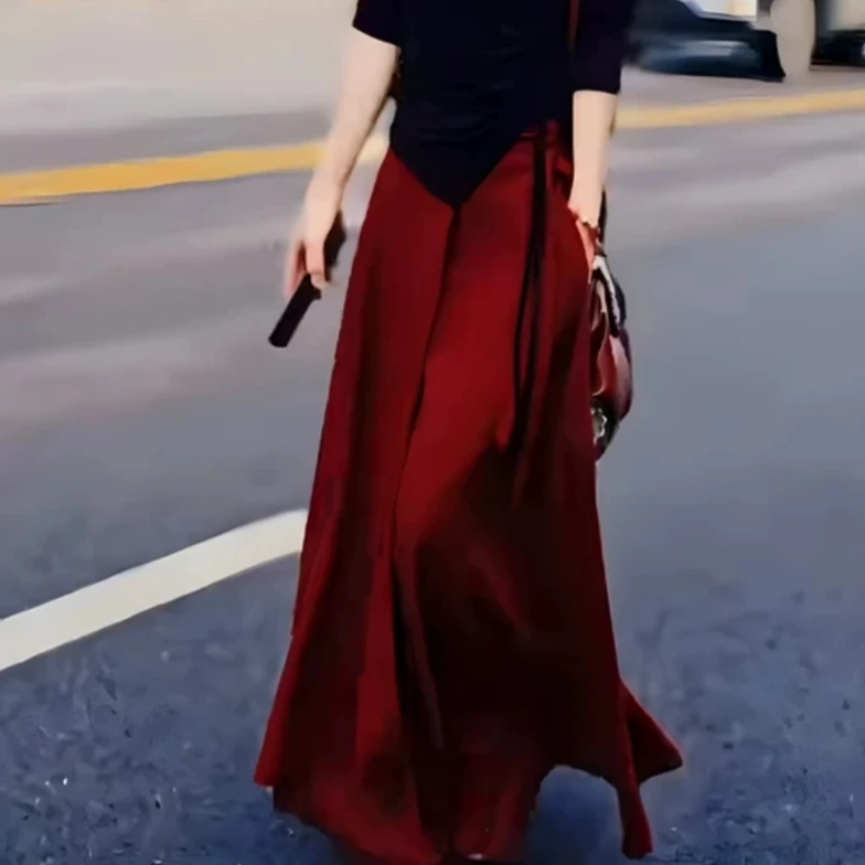胖mm高腰显瘦设计感不规则红色半身裙女2025新款大码宽松气质长裙