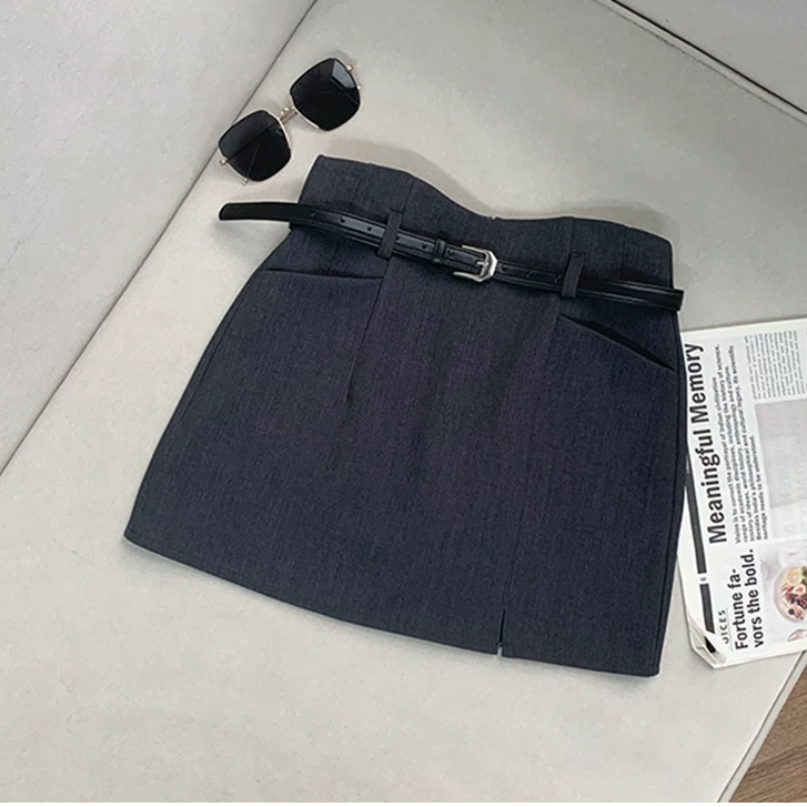 【南油子宸】秋冬气质灰色半身裙女西装料开叉设计感高腰短裙802006