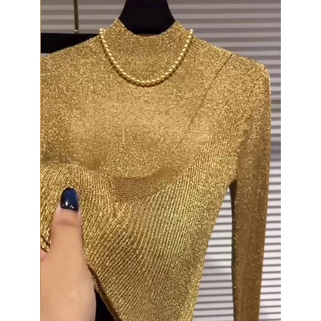 日式衬衫长袖立领细闪香槟色上衣女2025早秋高级感设计感针织衫