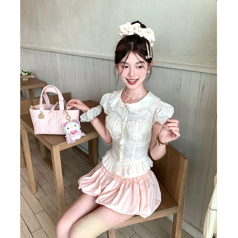 【一萍】大码女装少女短款短袖波点娃娃领衬衫上衣