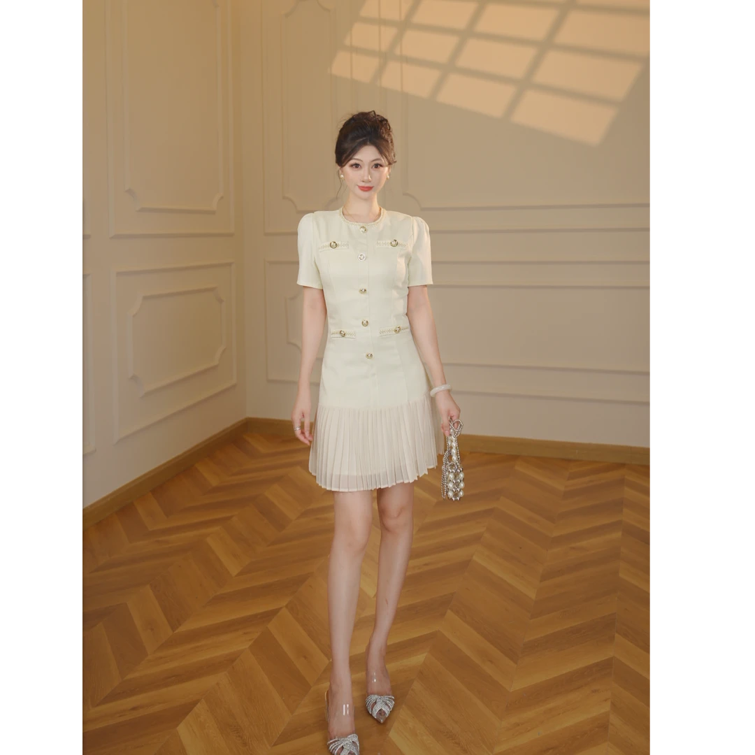 【张小小】【有里布】法式连衣裙女夏富家千金感轻奢设计百褶裙D1581