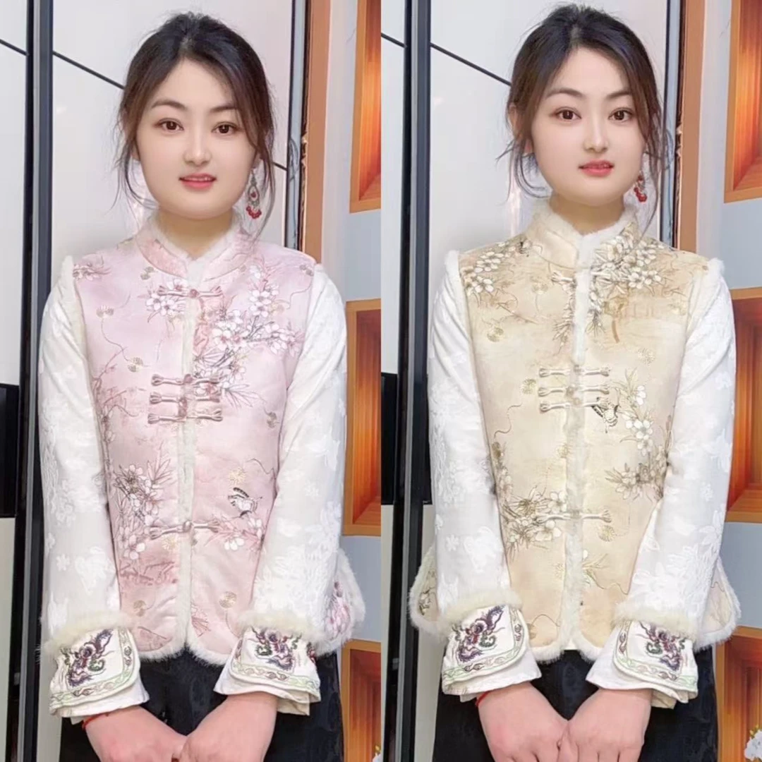 2025春秋款女马甲中国风加厚立领中式【蝶戏繁花】毛毛金丝马夹复古