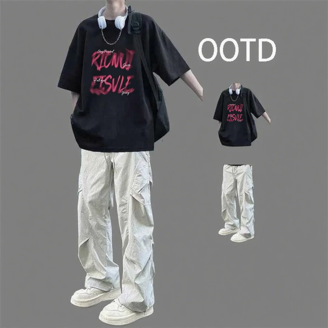 重磅短袖t恤套装男夏季薄款宽松酷帅搭配美式机能风工装裤两件套