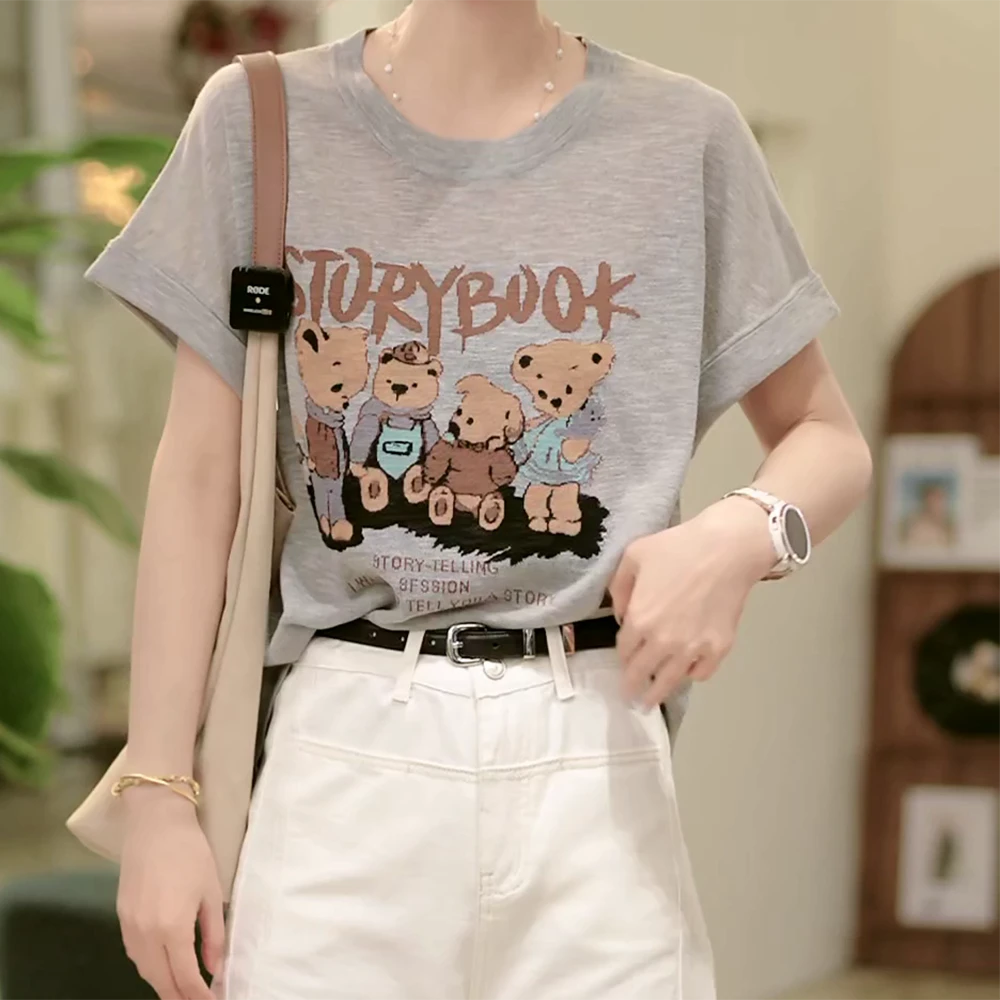 2025夏季新款卡通小熊短袖女装上衣圆领时尚显瘦T恤休闲百搭