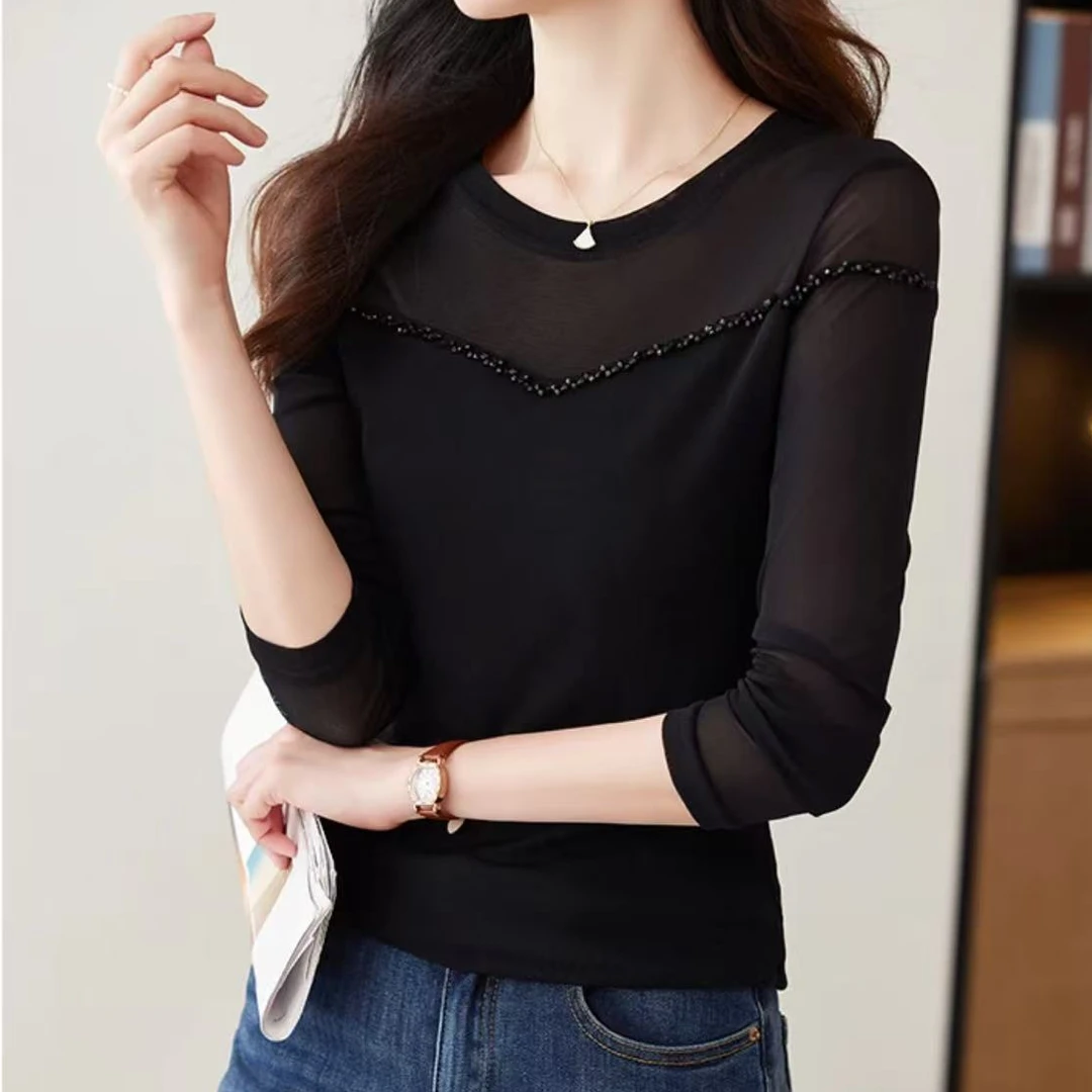 洋气百搭圆领t恤衫女长袖2025秋冬新款钉珠网纱上衣修身小衫女