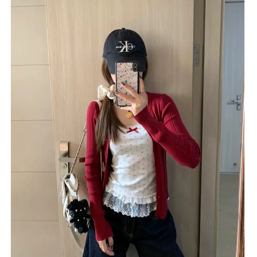 红色修身针织衫女2025春季新款辣妹百搭外穿开衫上衣外套潮