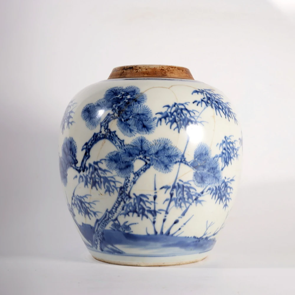 【010011061】清代 青花岁寒三友罐