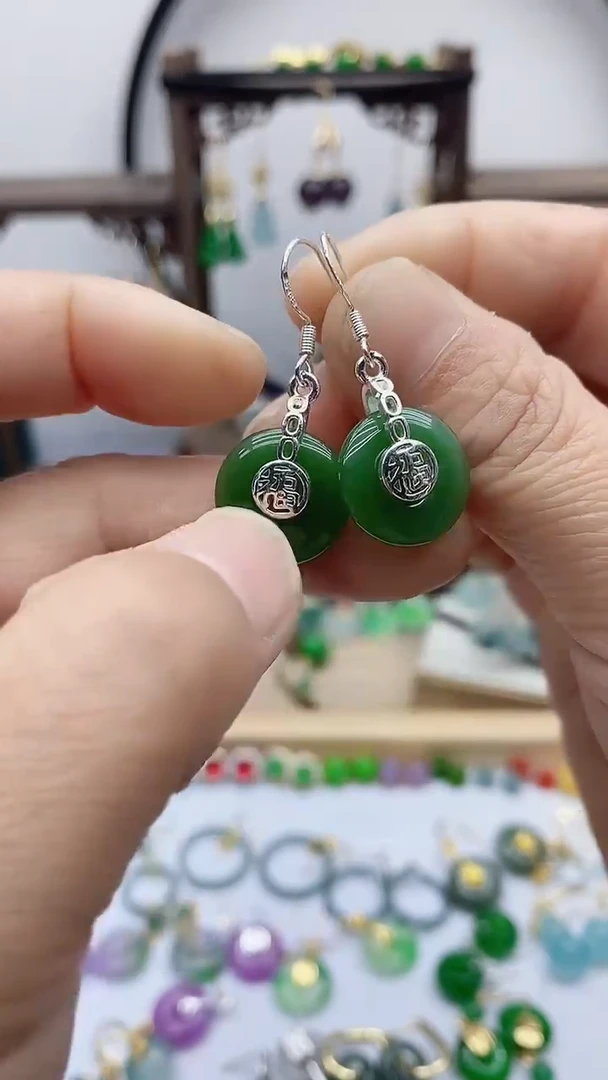 银S925镶嵌和田玉耳饰203