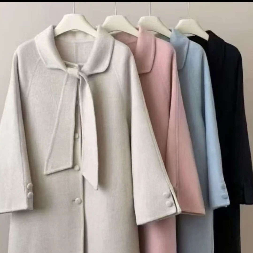 【影姐宠粉】秋冬长款宽松韩版飘带设计师款双面羊毛大衣