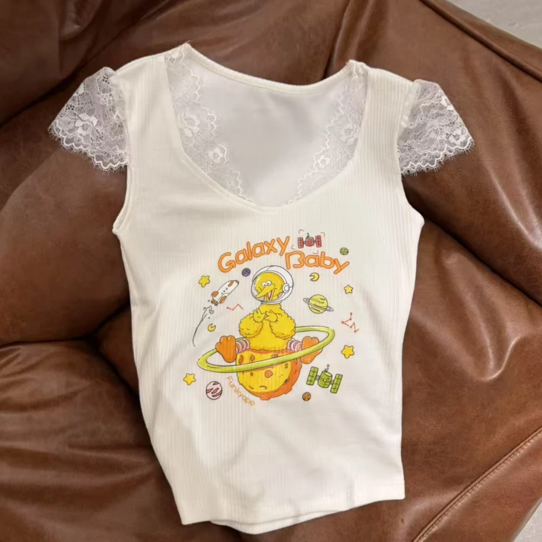 C90008打底衫无袖3DT恤卡通内搭印花夏款短袖圆领蕾丝短款休闲