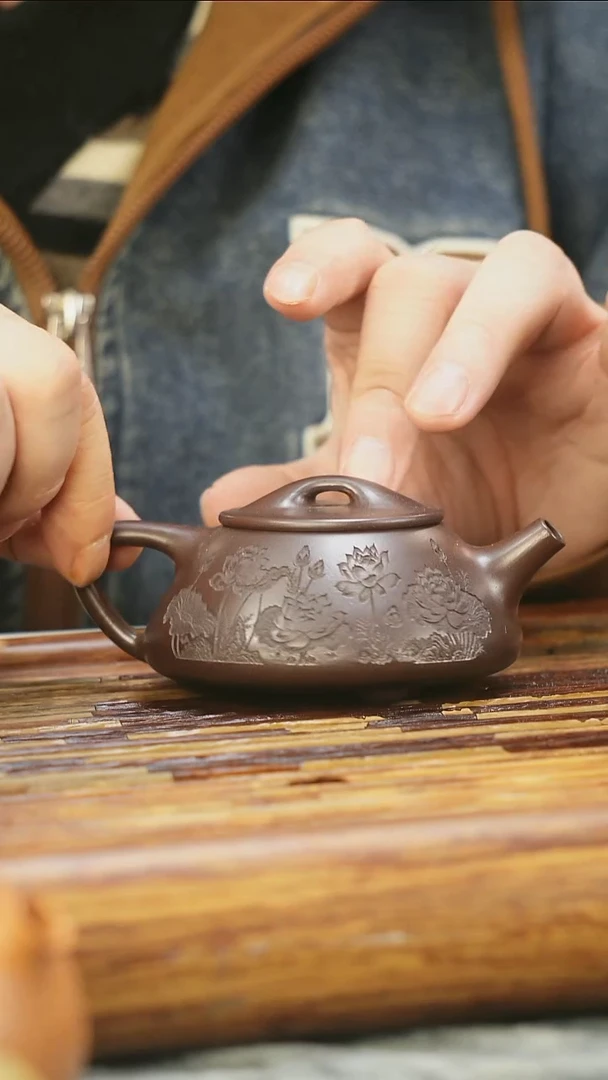 茶壶紫砂阁紫泥刻绘子冶石瓢130cc