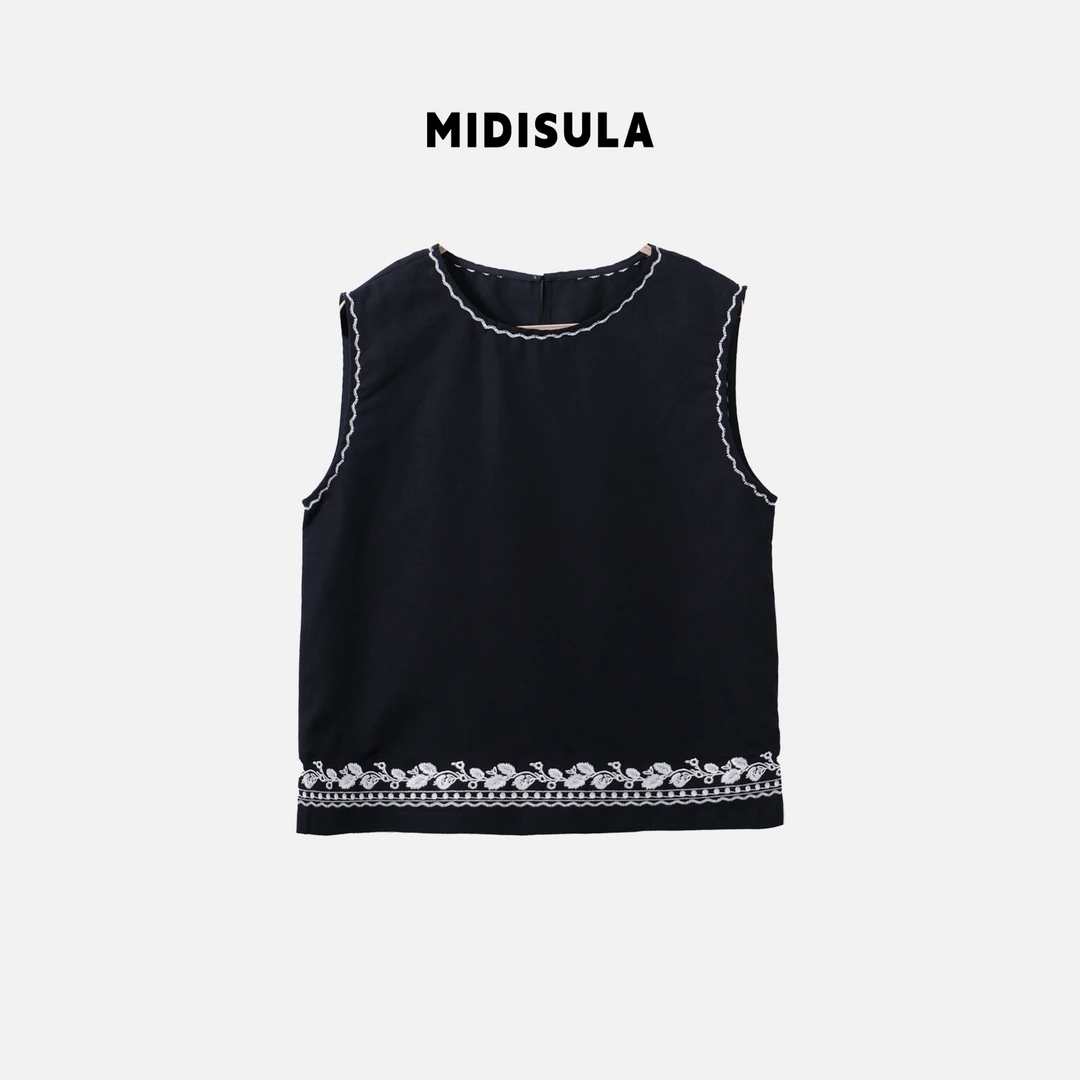 MDSL·民族风藏蓝色印花背心波嬉风设计感独特刺绣无袖衬衫#1032