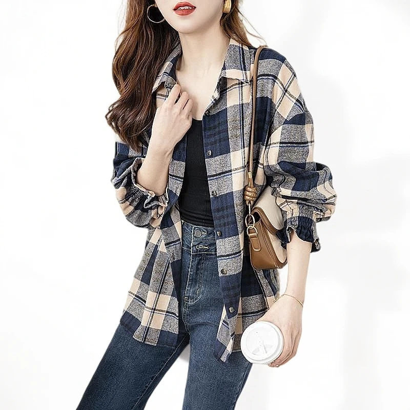 别致漂亮小衫2025春季新款女装宽松显瘦中长款遮屁股格子衬衫外