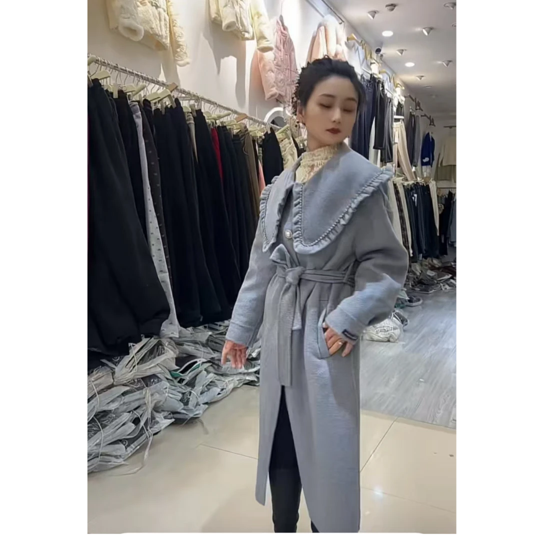 10917#秋冬新款时尚百搭娃娃领轻奢气质长款毛呢大衣