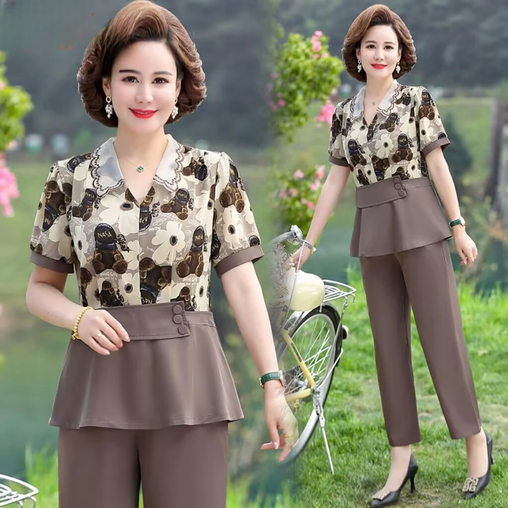 新款妈妈春夏装套装时尚洋气中年女短袖雪纺上衣中老年两件套气质