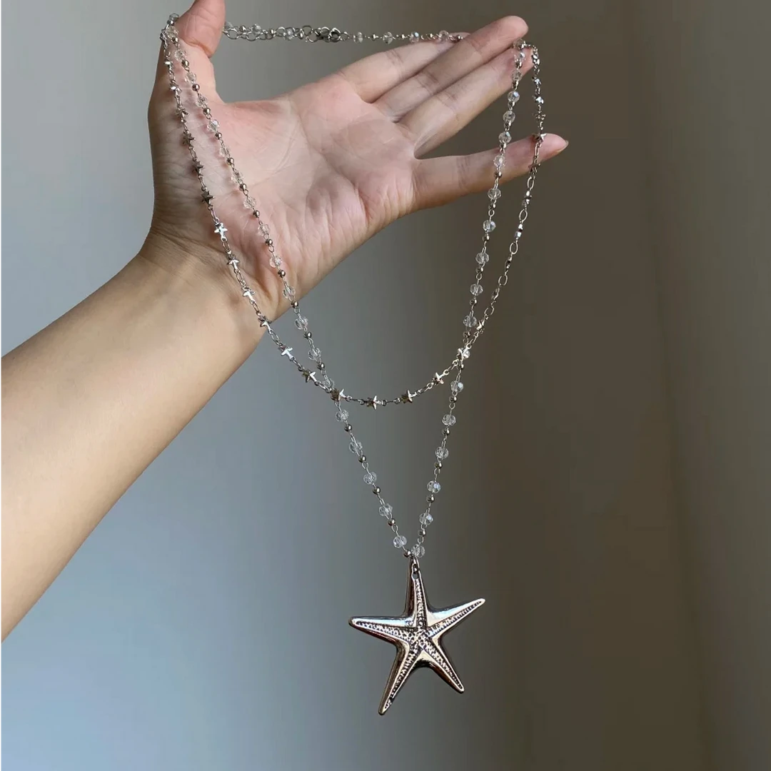 铜合金项链 甜酷风双层叠戴海星项链小众设计感甜酷长款毛衣链女