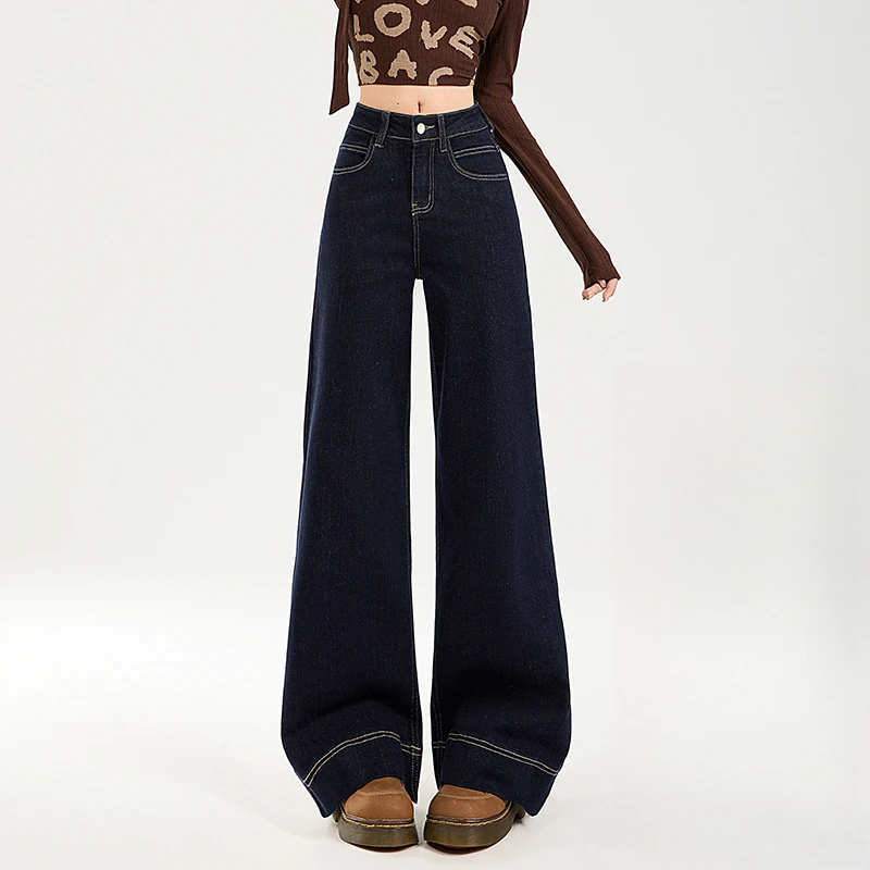 防褪色丹宁蓝美式宽松阔腿牛仔裤女新款弹力慵懒微喇拖地显瘦裤子