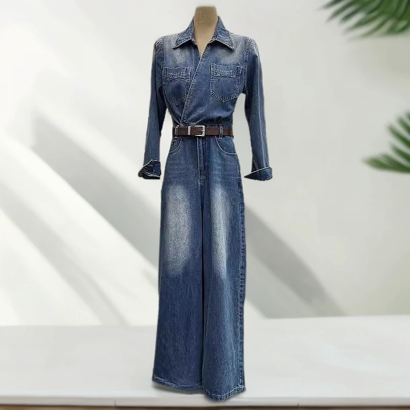 H7057新款港风复古磨白水洗牛仔连体裤阔腿感收腰显瘦工装连体衣