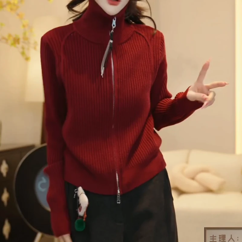 『温和』高级红色拉链厚款毛针织衫慵懒风开衫毛衣内搭LK2508556