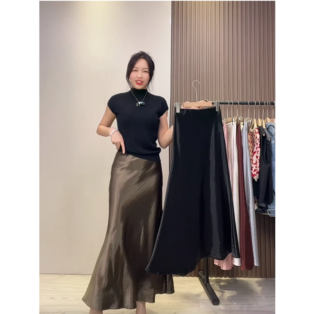 春秋新款柔顺垂感鎏金缎面半身裙女包臀鱼尾裙子长裙半裙