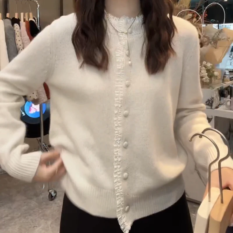 【紫风铃】新款2025毛衣洋气设计感拼接蕾丝针织开衫LK2507990