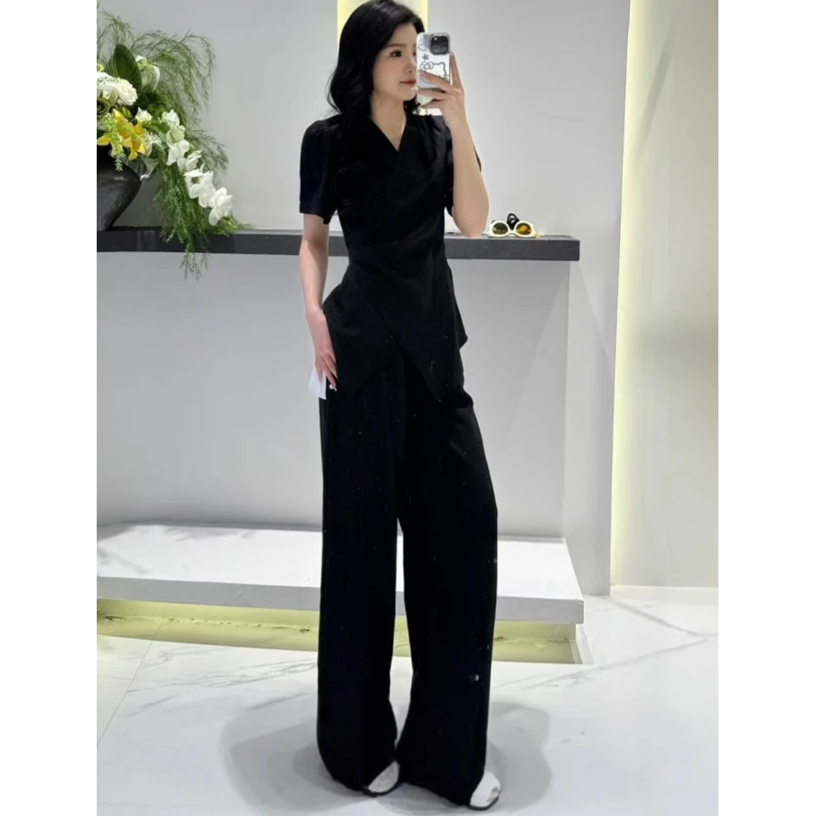 大码女装薄款黑色休闲套装胖妹妹宽松显瘦不规则上衣阔腿裤两件套
