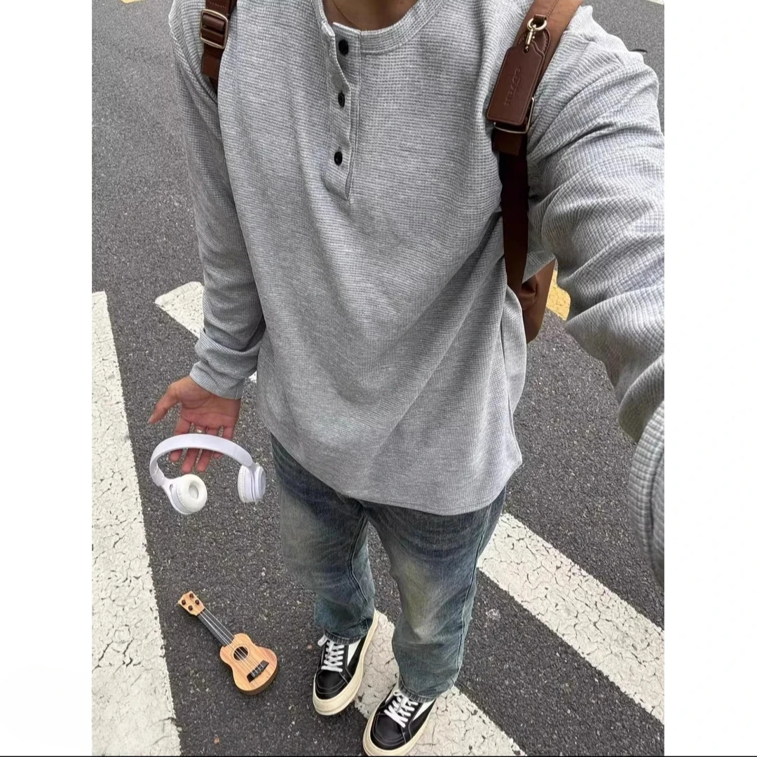 斌子同款亨利领长袖t恤男秋冬美式复古加绒卫衣polo领内搭打底衫