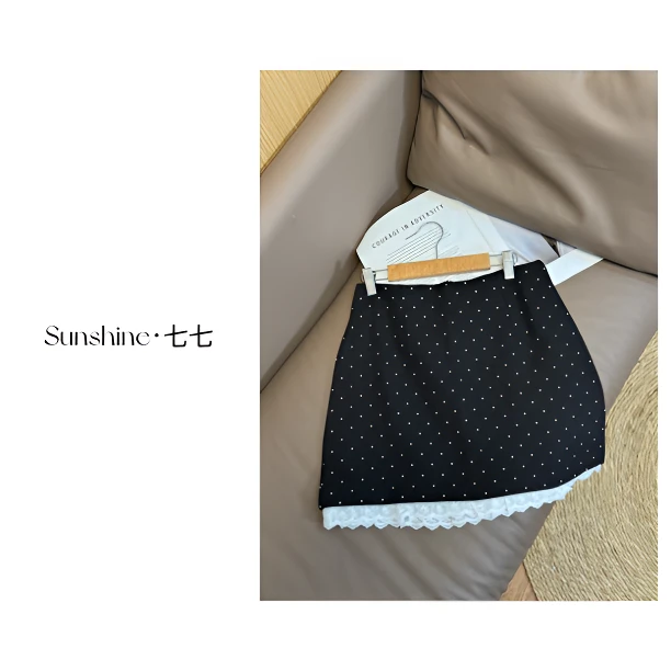 Sunshine【波点糖心】温柔甜美气质拼接蕾丝高腰显瘦半裙波点短裙
