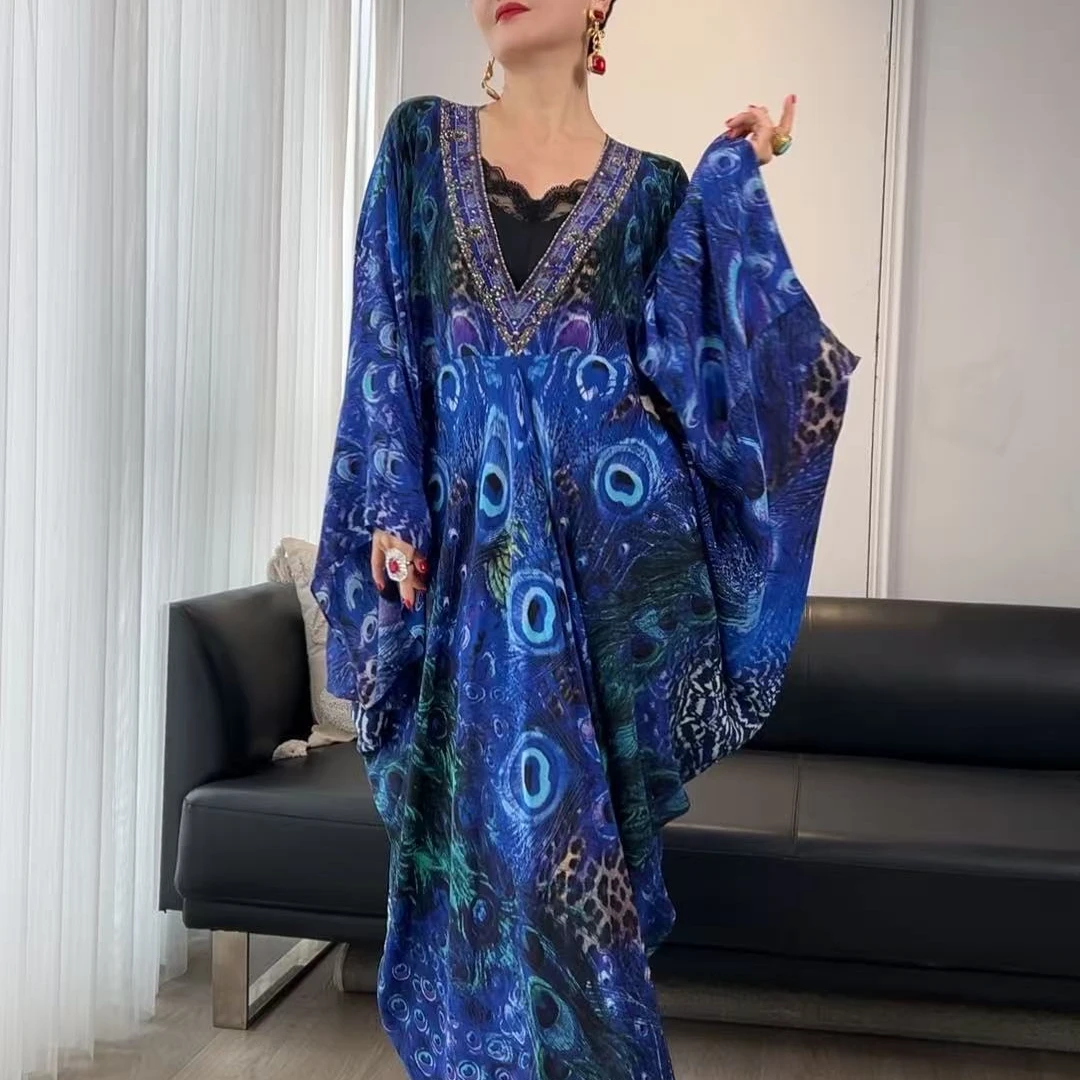 V领设计师显瘦印花长袖宽松大气长款连衣裙2089