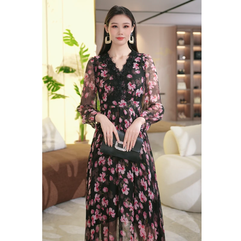 100%桑蚕丝2025夏季高端定制中式复古贵气显瘦连衣裙长款优雅3982