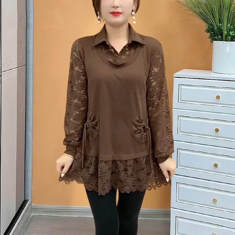 中年妈妈时尚蕾丝假两件长袖连衣裙秋季新款宽松遮肚减龄打底裙女