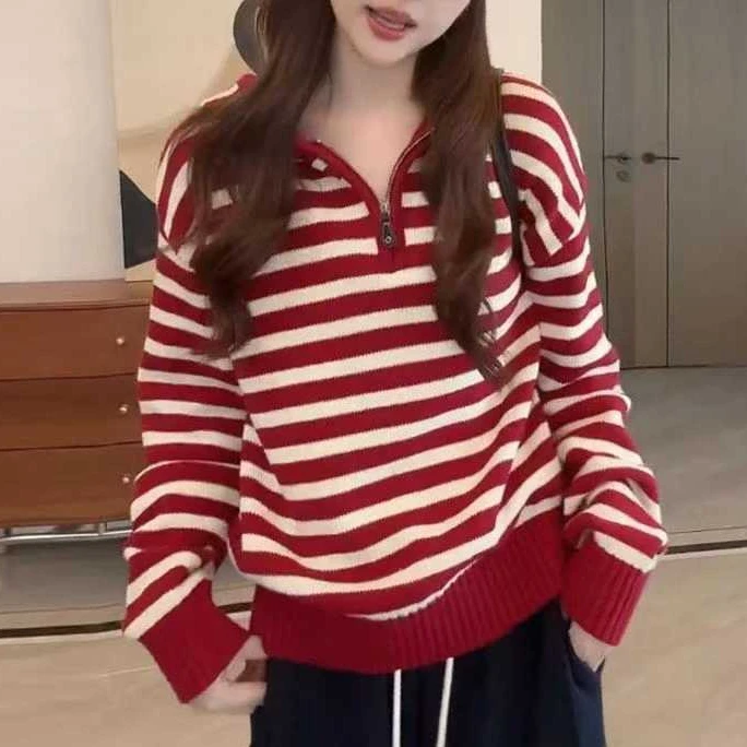条纹连帽长袖针织衫女装2025秋季新款半拉链毛衣韩系帽衫显瘦上衣