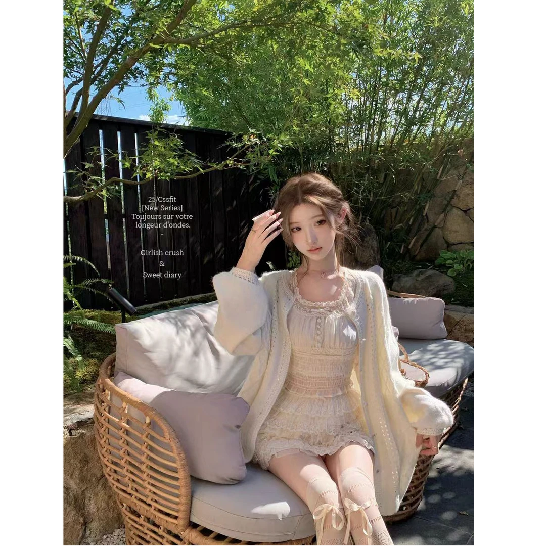 【莓系奶霜】松紧微透蝴蝶结衬衫配波点刺绣蛋糕裙显瘦高腰短裙套装