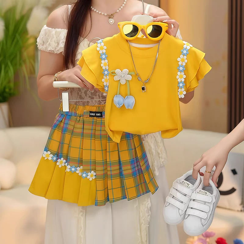 【场仔】女童短袖T恤套装夏季新款儿童洋气上衣百褶裤裙两件套6720