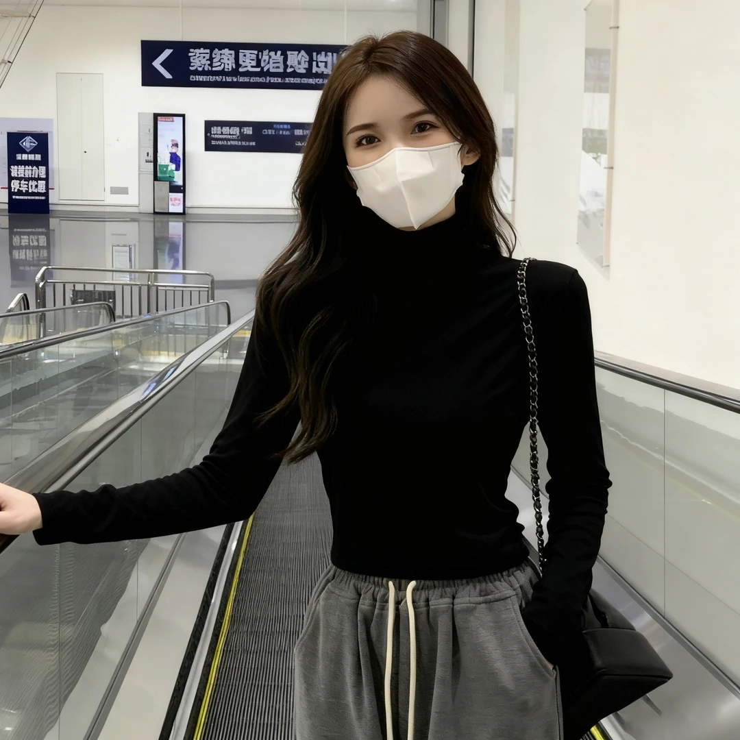 春秋冬洋气黑色半高领打底衫女内搭可外穿螺纹修身长袖t气质上衣