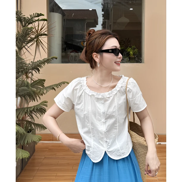 Sunshine【百搭甜心】简约时尚精致显瘦木耳边通勤百搭夏季衬衫